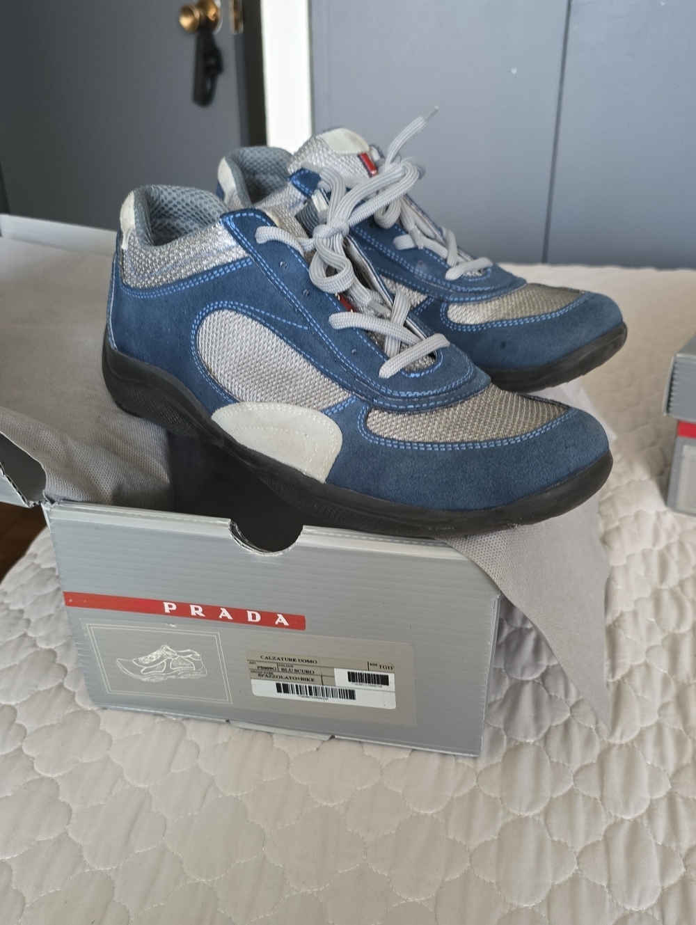Prada Kids Navy Blue Suede & Silver Mesh Sneakers